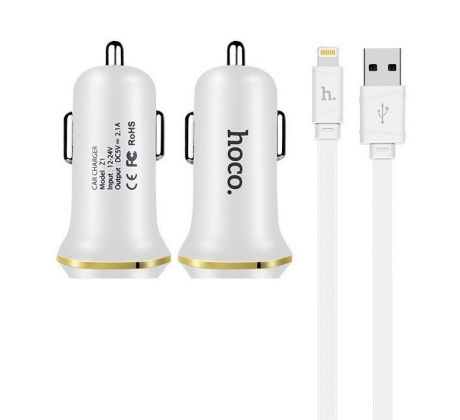 Autonabíjačka HOCO 2xUSB 2.1A +kabel USB 8-PIN Lightning kábel - biela