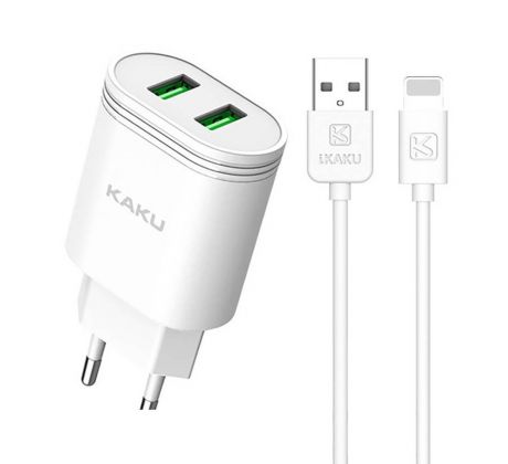 Sieťová nabíjačka KAKU QIFAN DUAL PORT 2,4A + kábel LIGHTNING 1m (KSC-372) - biela